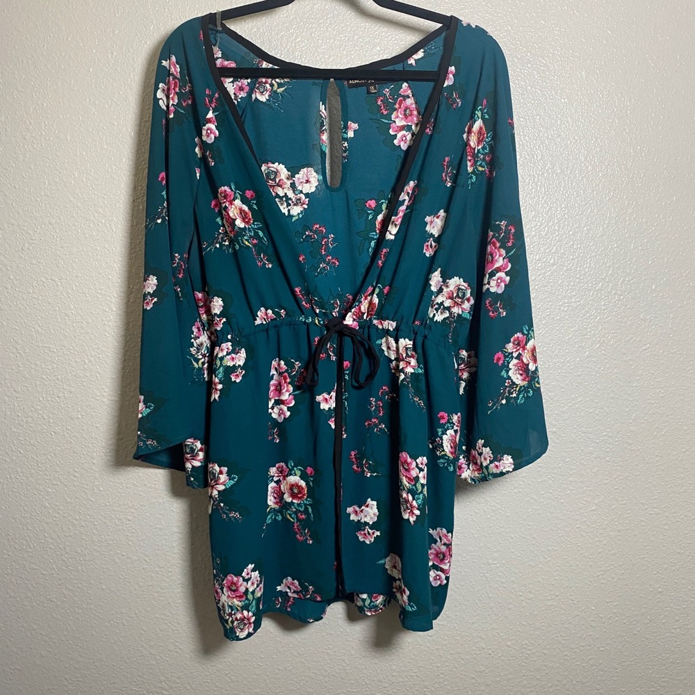 Almost Famous Teal Floral Kimono Cover Up 1X Feminine Boho Chic Beach Summer‎
